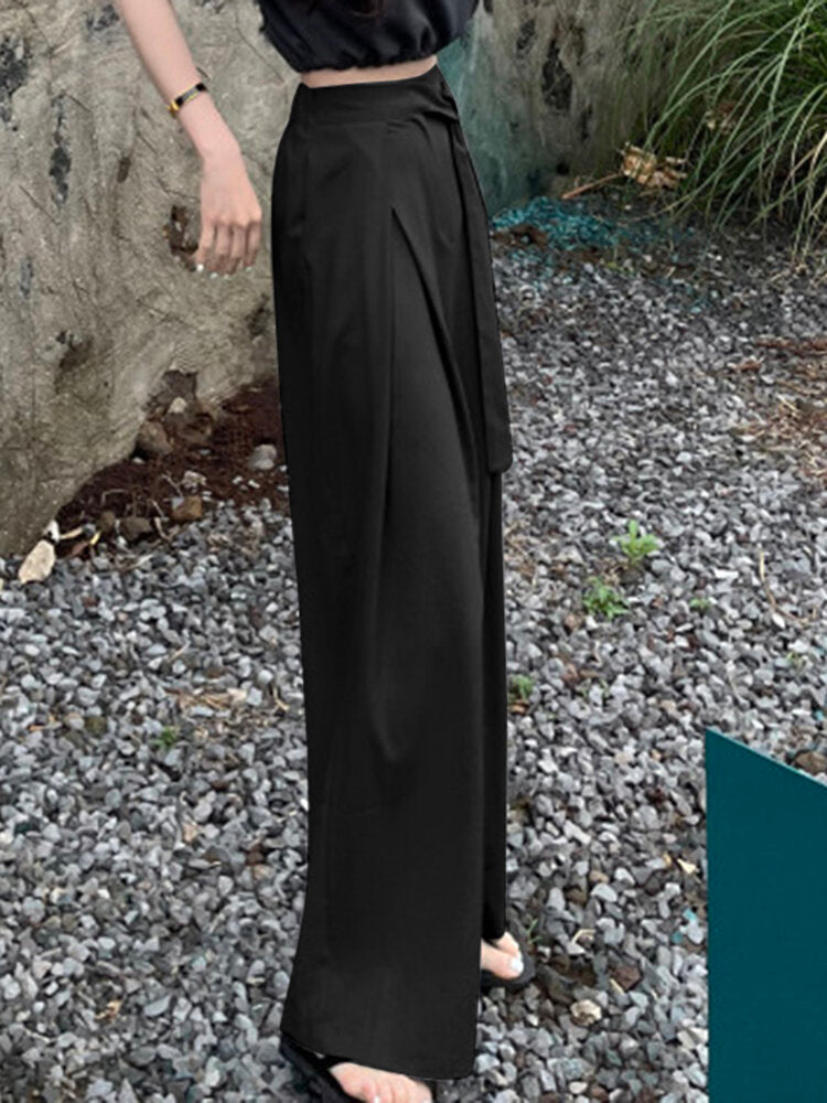 Solid Pocket Belt Wide Leg Pants For Women