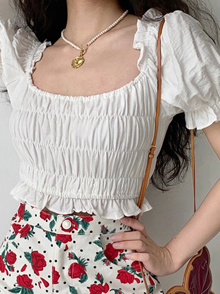 Solid Shirred Puff Sleeve Square Collar Crop Top