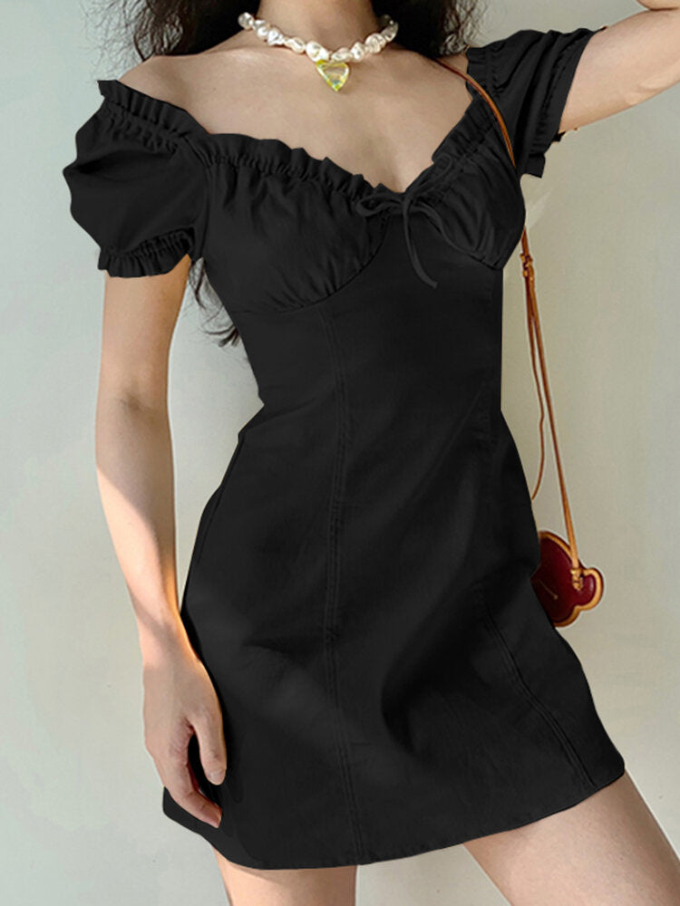 Solid Puff Sleeve Tie Front Lettuce Edge  Women Dress