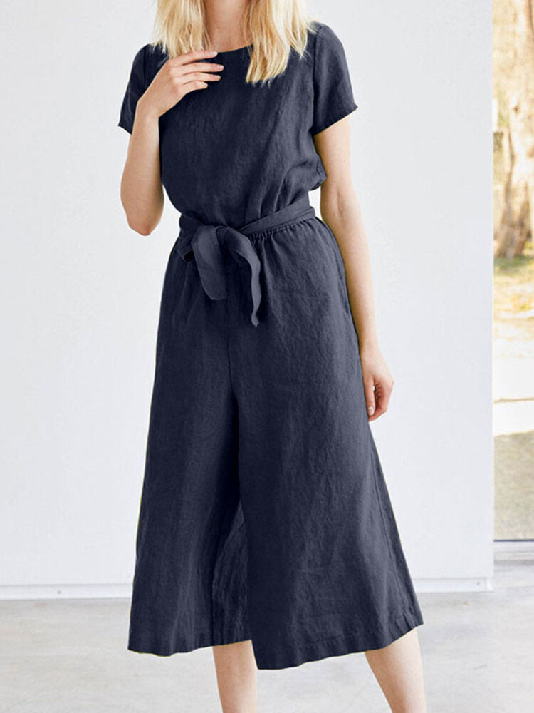 Solid Pocket Short Sleeve Wide Leg  With Belt Women Jumpsuits