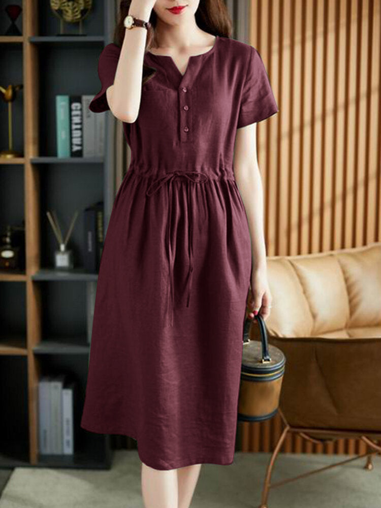Solid Pocket Drawstring Waist Button Short Sleeve  Women Dress