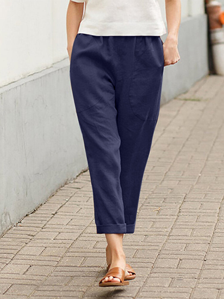 Solid Pocket Elastic Waist Casual Cotton Pants