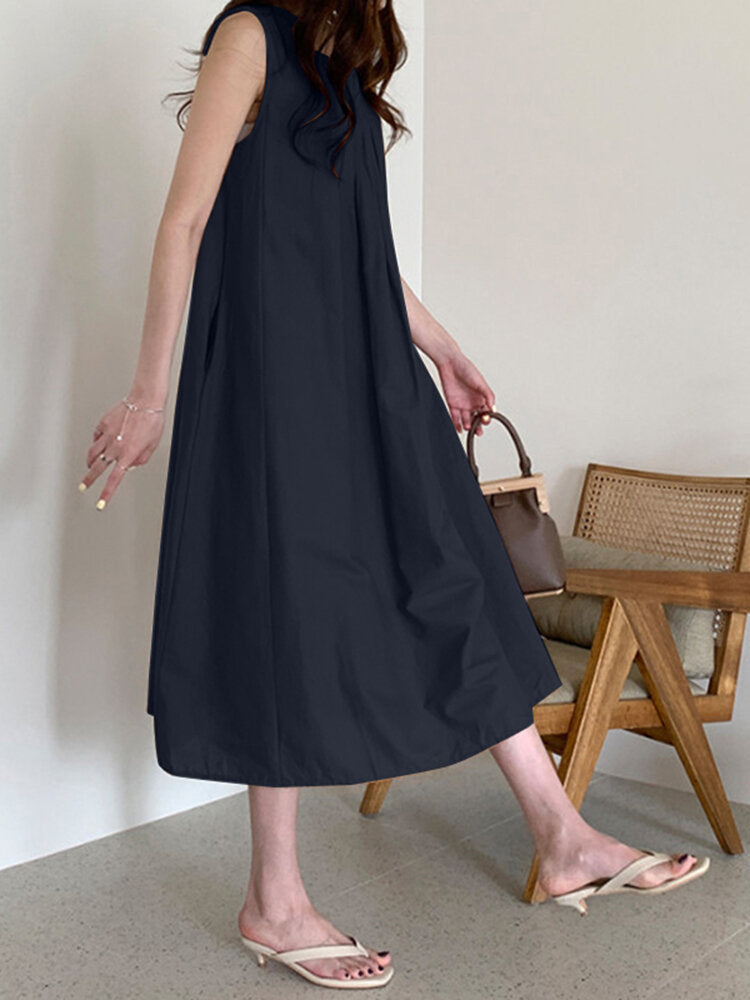 Solid O-neck Pleated Sleeveless Pocket Women Casual Dress