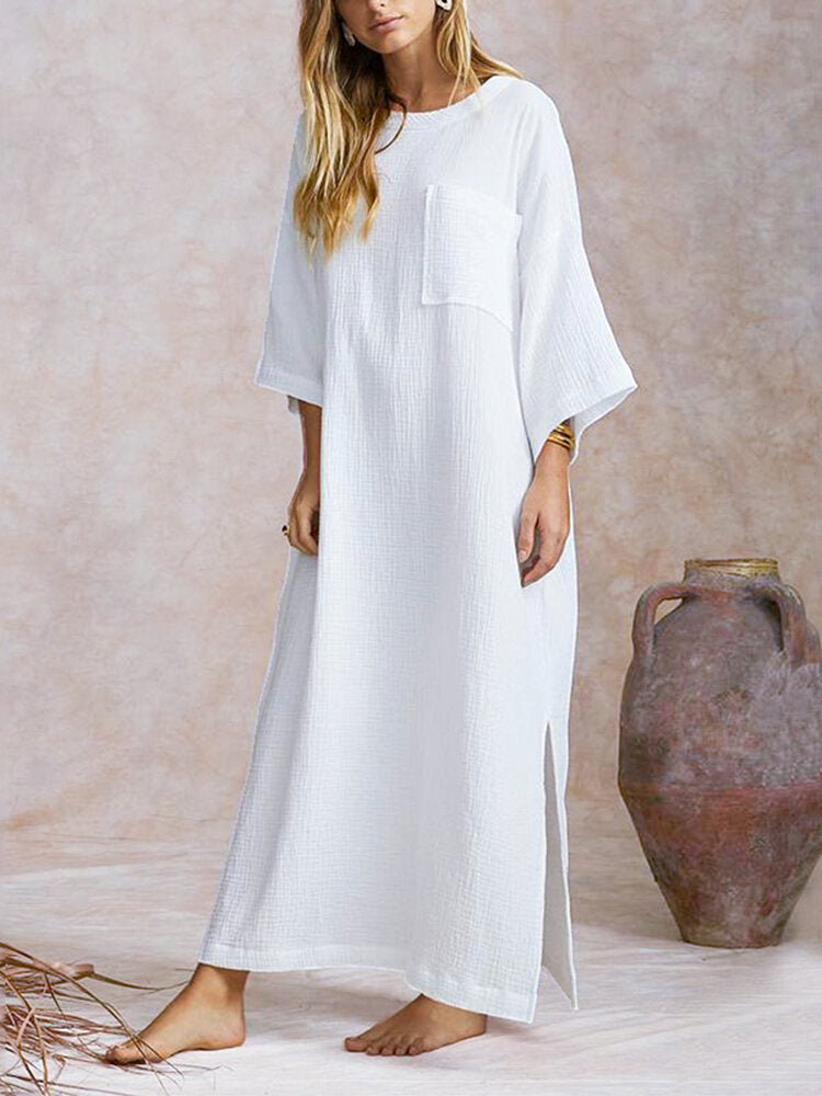 Side Slit Solid Color Long Sleeve Maxi Dress For Women