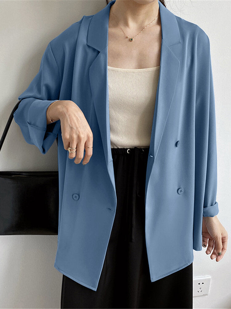 Solid Double Breasted Lapel Long Sleeve Blazer