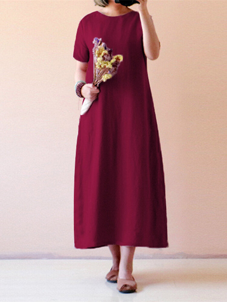 Pure Color Short Sleeve Long Maxi Vintage es Women Dress