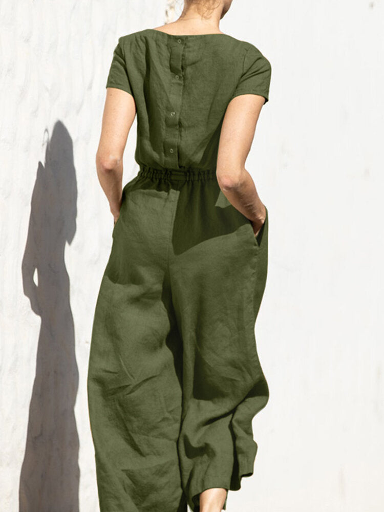 Solid Color Short Sleeve O-neck Cotton Wide Leg  Women Jumpsuits