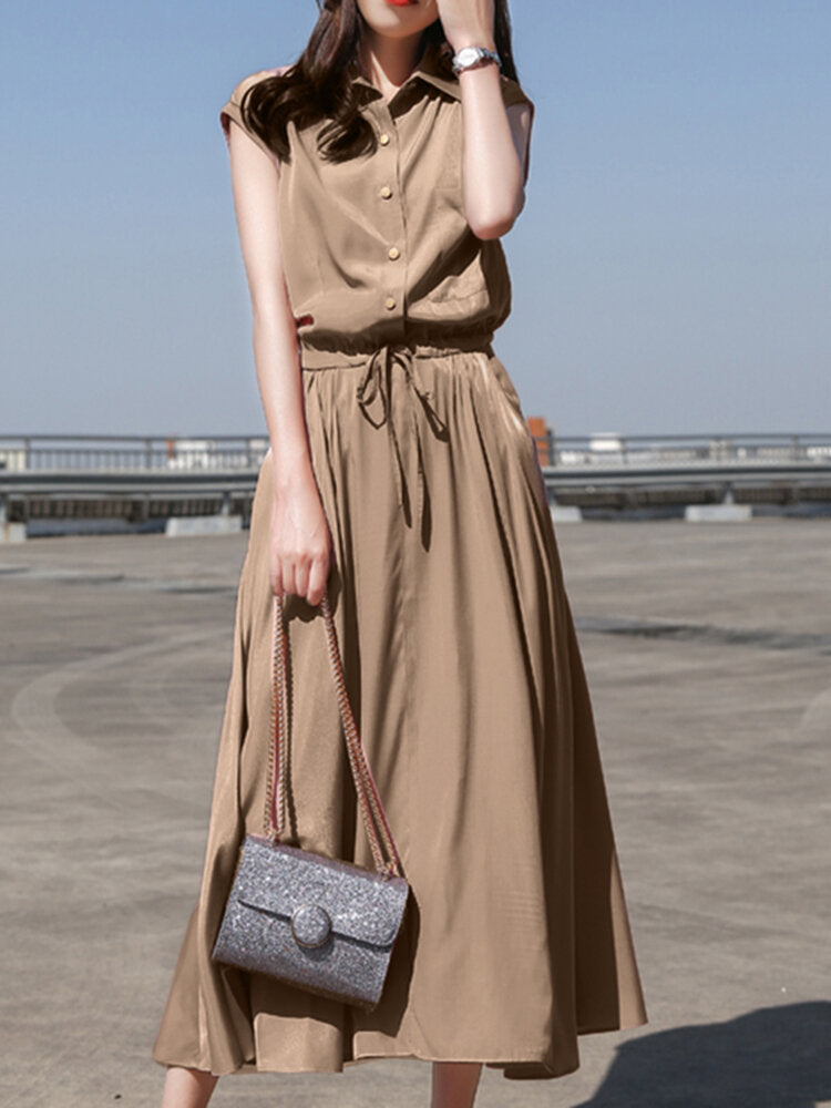 Solid Drawstring Waist Button Lapel With Belt Women Dress