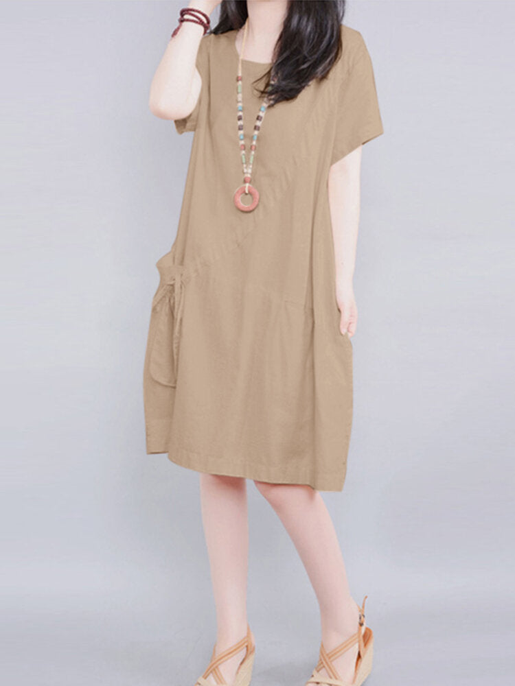 Solid Pocket Short Sleeve Crew Neck Vintage  Women Dress