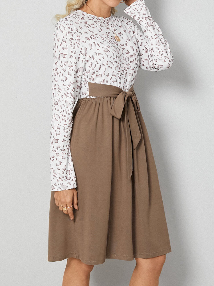 Leopard Check Stitch Bowknot Long Sleeve Crew Neck Dress