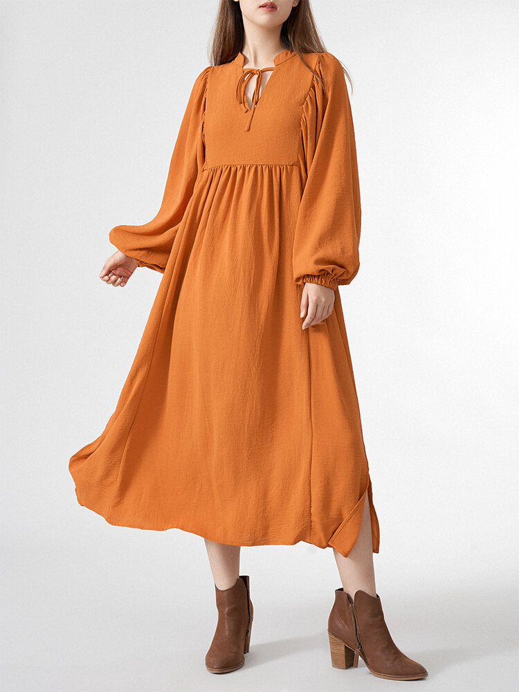 Solid Slit Tie Front Long Sleeve V-neck Casual Women Dress
