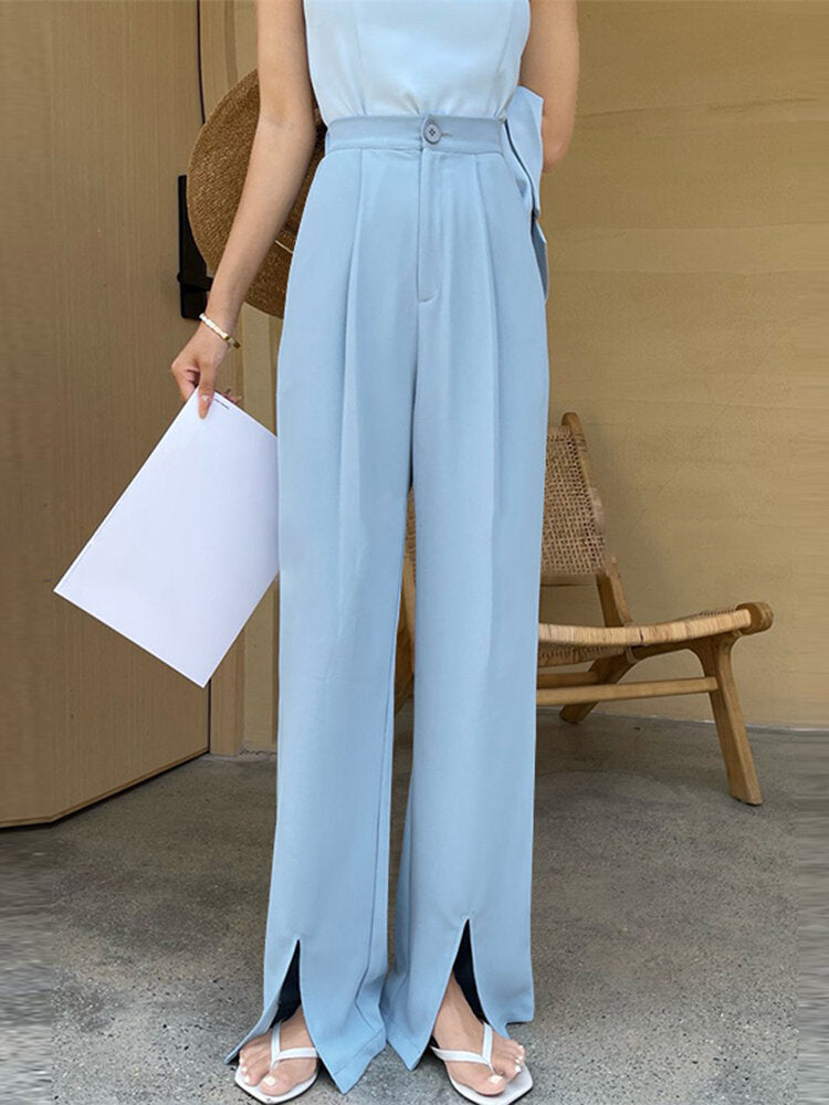 Solid Split Hem High Waist Pleats Full Length Pants