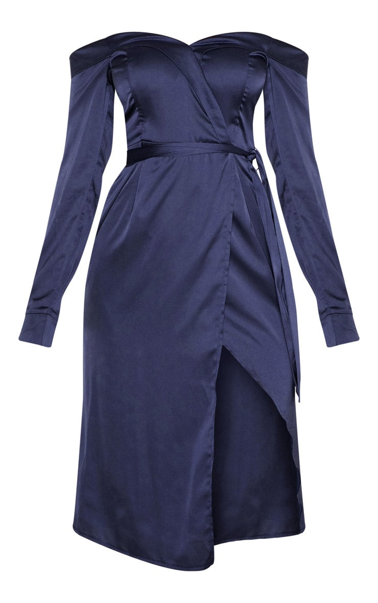 Navy Satin Bardot Lapel Detail Wrap Midi Dress