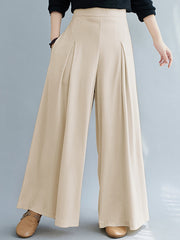 Solid Color Pleated Elastic Waist Casual Loose Wide-Leg Pants for Women