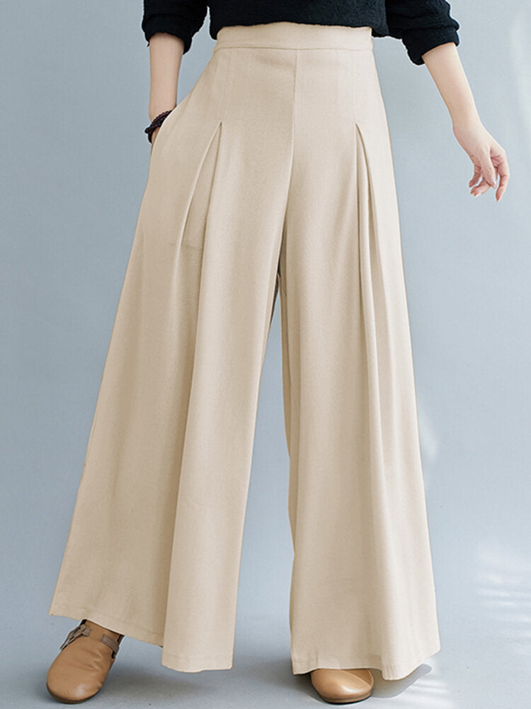 Solid Color Pleated Elastic Waist Casual Loose Wide-Leg Pants for Women