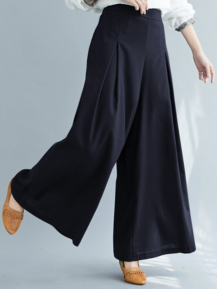 Solid Color Pleated Elastic Waist Casual Loose Wide-Leg Pants for Women