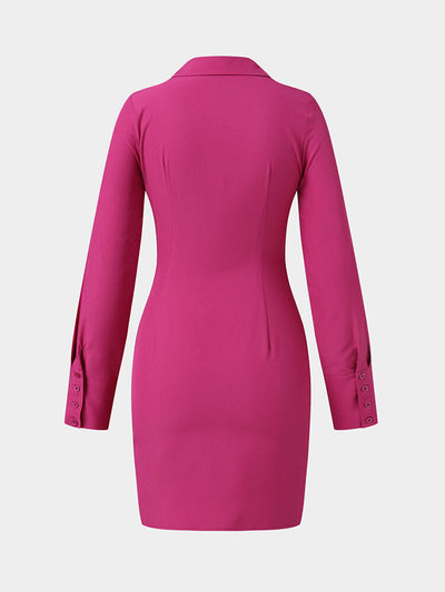 Solid Color Button Front Lapel Collar Long Sleeve Women Dress