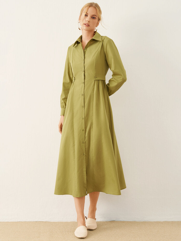 Solid Long Sleeve Button Front Lapel Women Dress