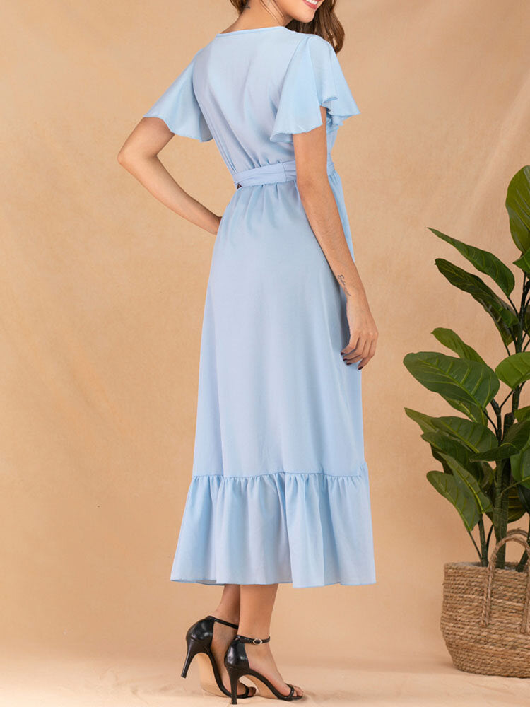 Solid Ruffle Short Sleeve Wrap V-neck Belt  Women Dress