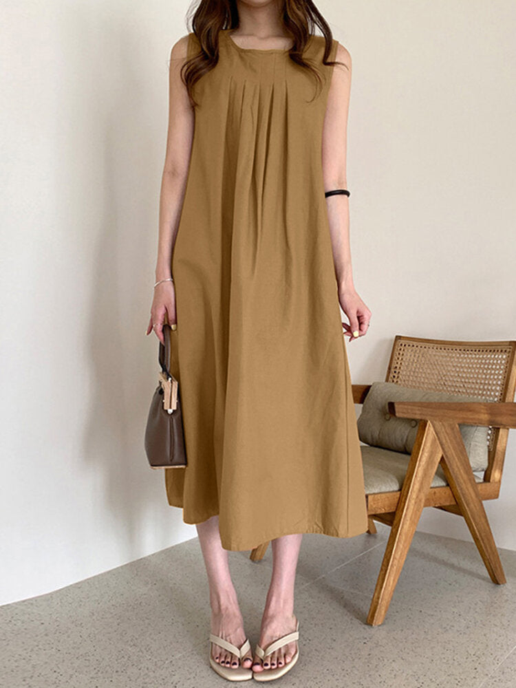 Solid O-neck Pleated Sleeveless Pocket Women Casual Dress
