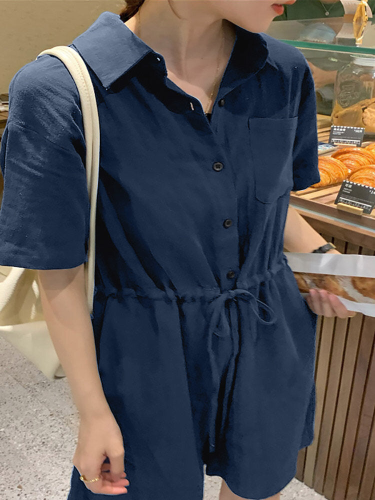 Solid Drawstring Waist Pocket Button Front Lapel Cargo  Women Romper