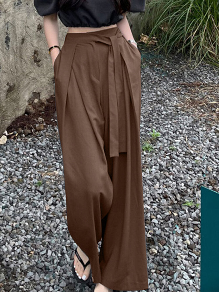 Solid Pocket Belt Wide Leg Pants For Women