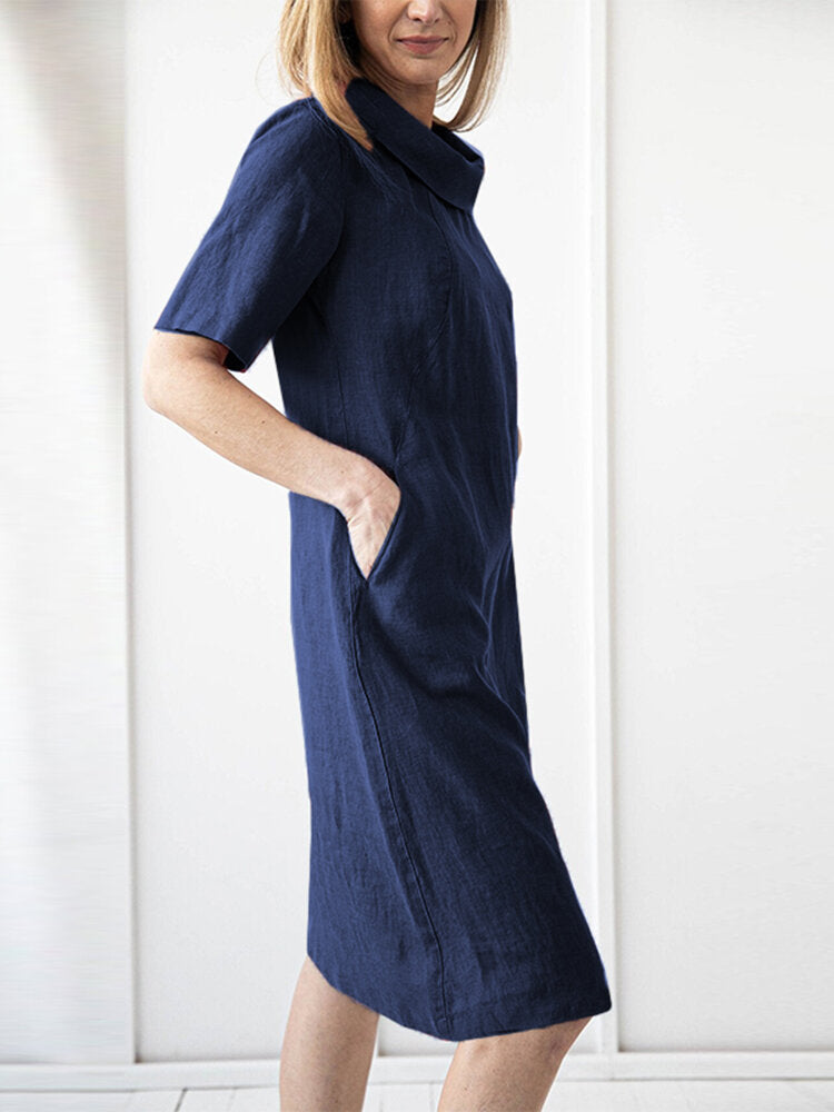 Solid Short Sleeve Pocket Lapel Dress For Women