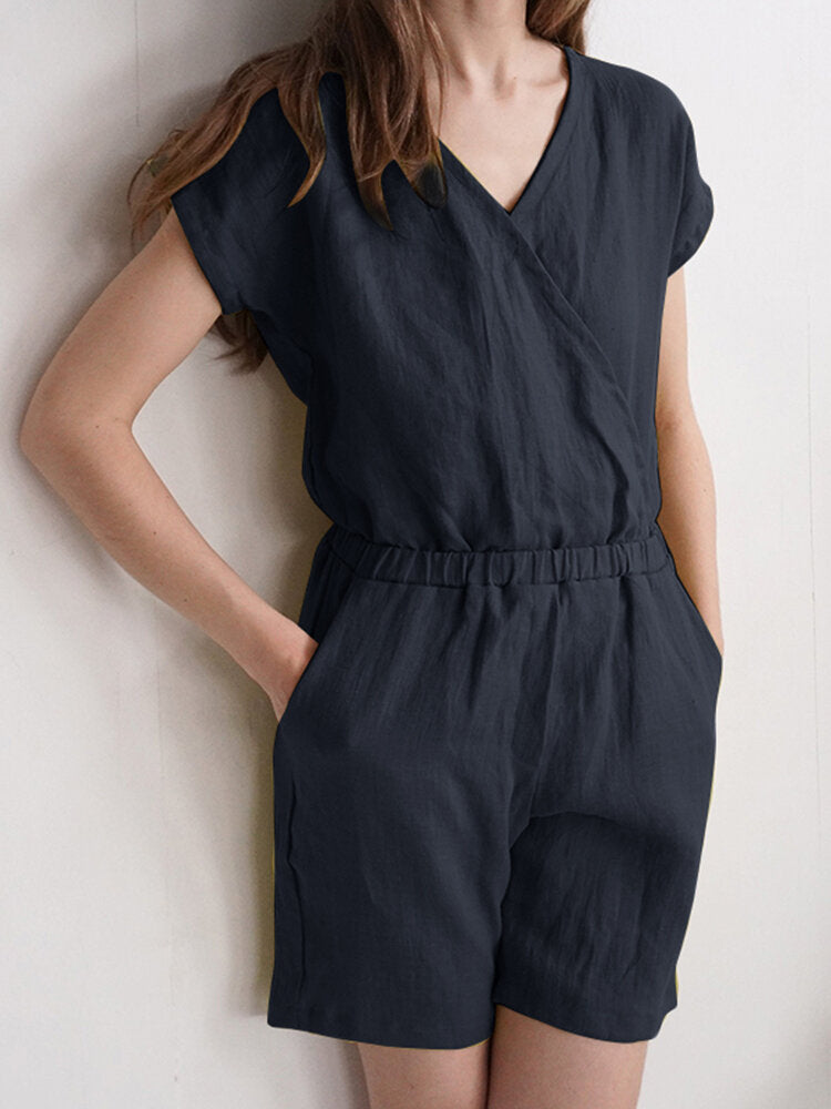 Solid Wrap V-neck Pocket Short Sleeve Casual  Women Romper