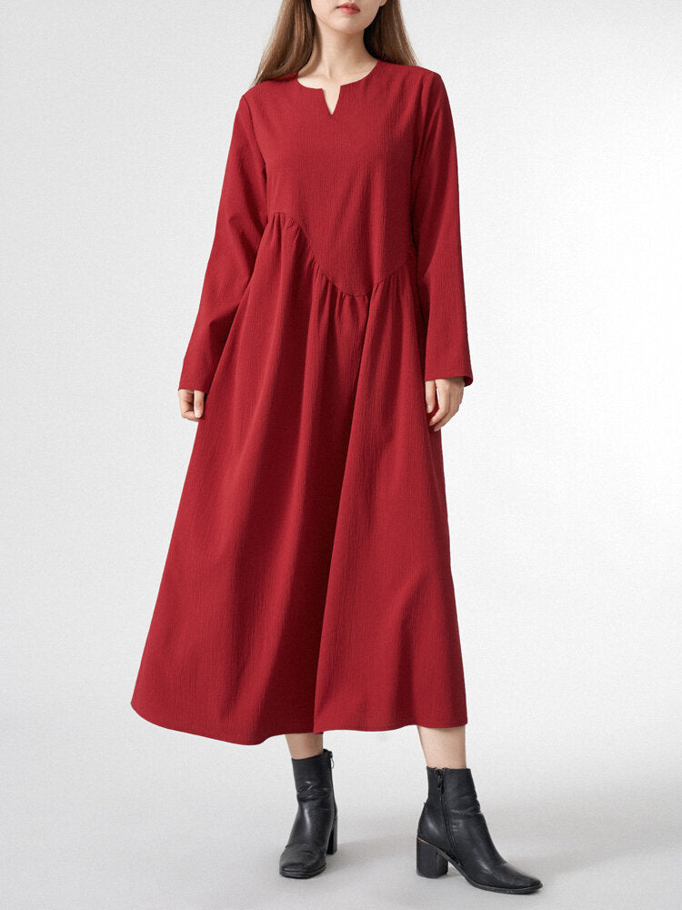 Women Solid Half Open Collar Long Sleeve Maxi Dress