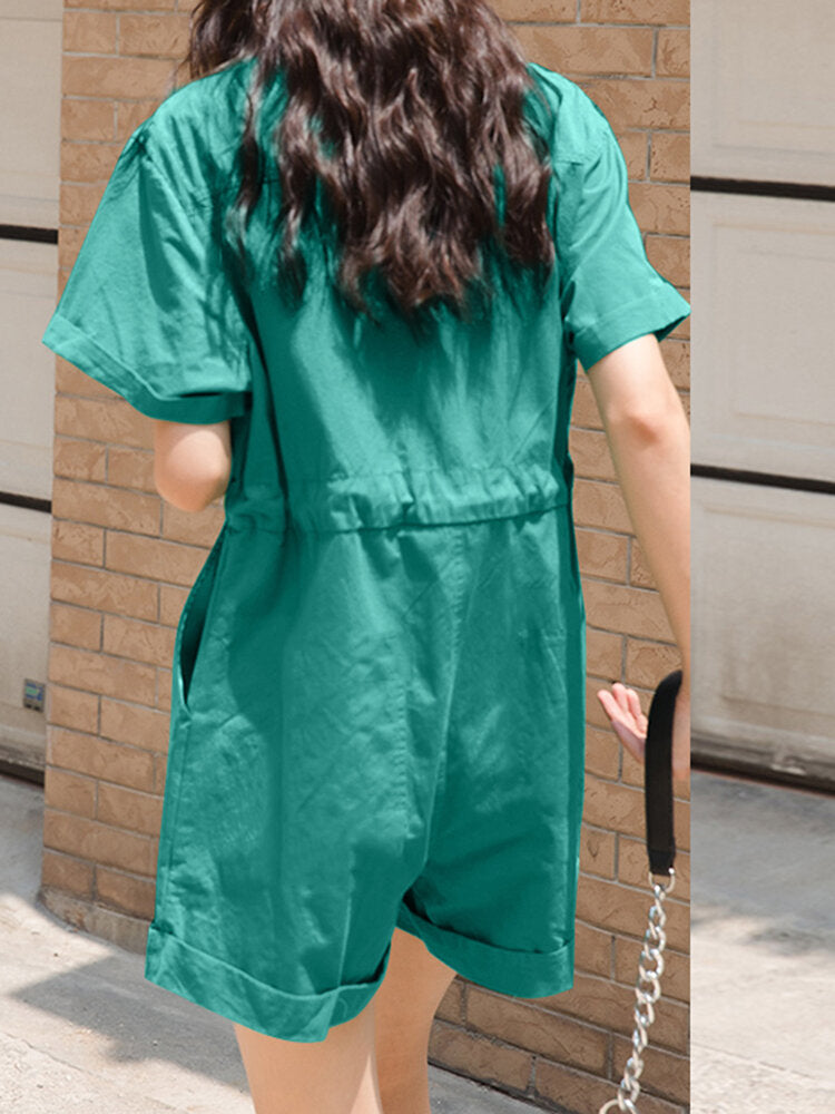 Solid Drawstring Waist Pocket Lapel Short Sleeve Cargo  Women Romper