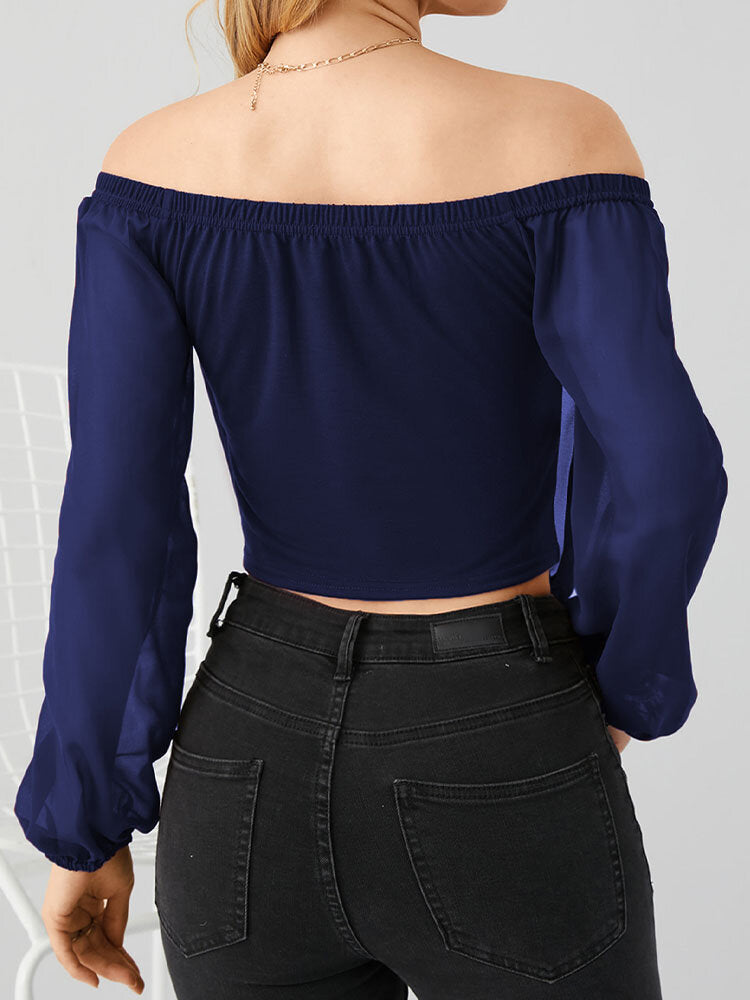 Solid Chiffon Semi Sheer Off-shoulder Long Sleeve Blouse