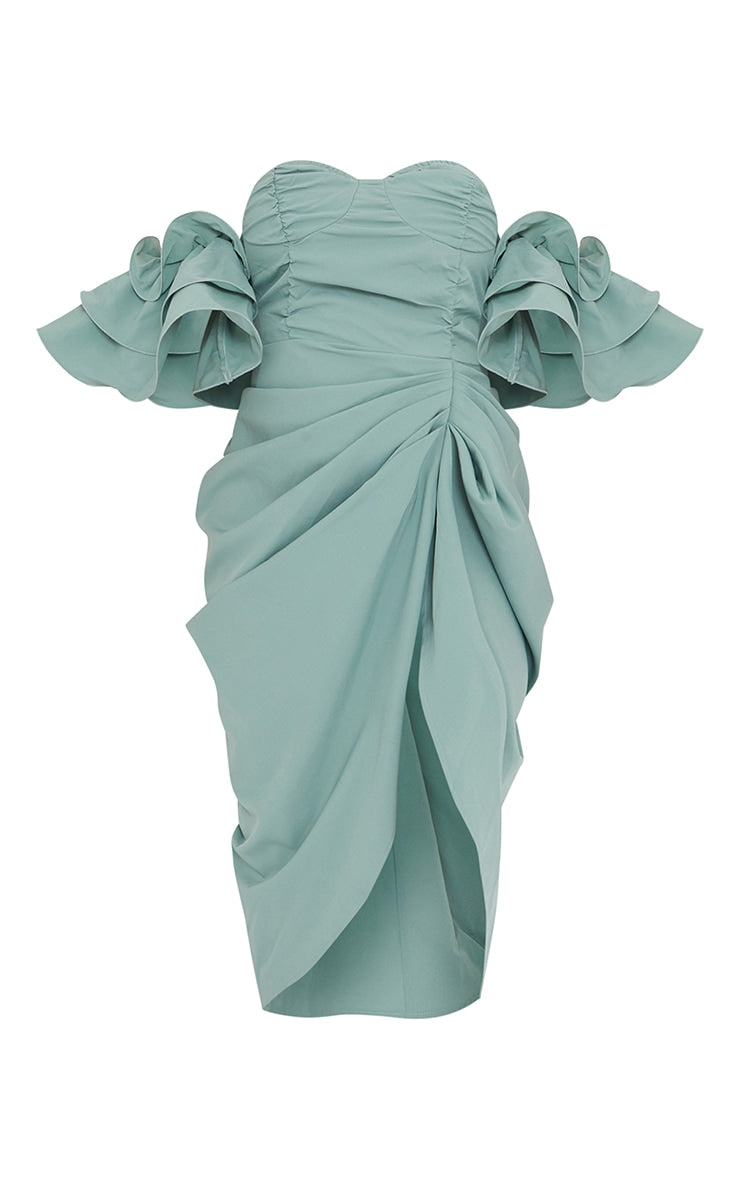 Stunning Sage Green Midi Dress with Frill Sleeves