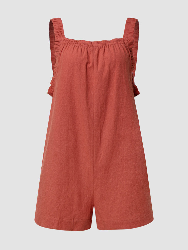 Solid Ruffle Strap Sleeveless Pocket Casual Short s Women Jumpsuits