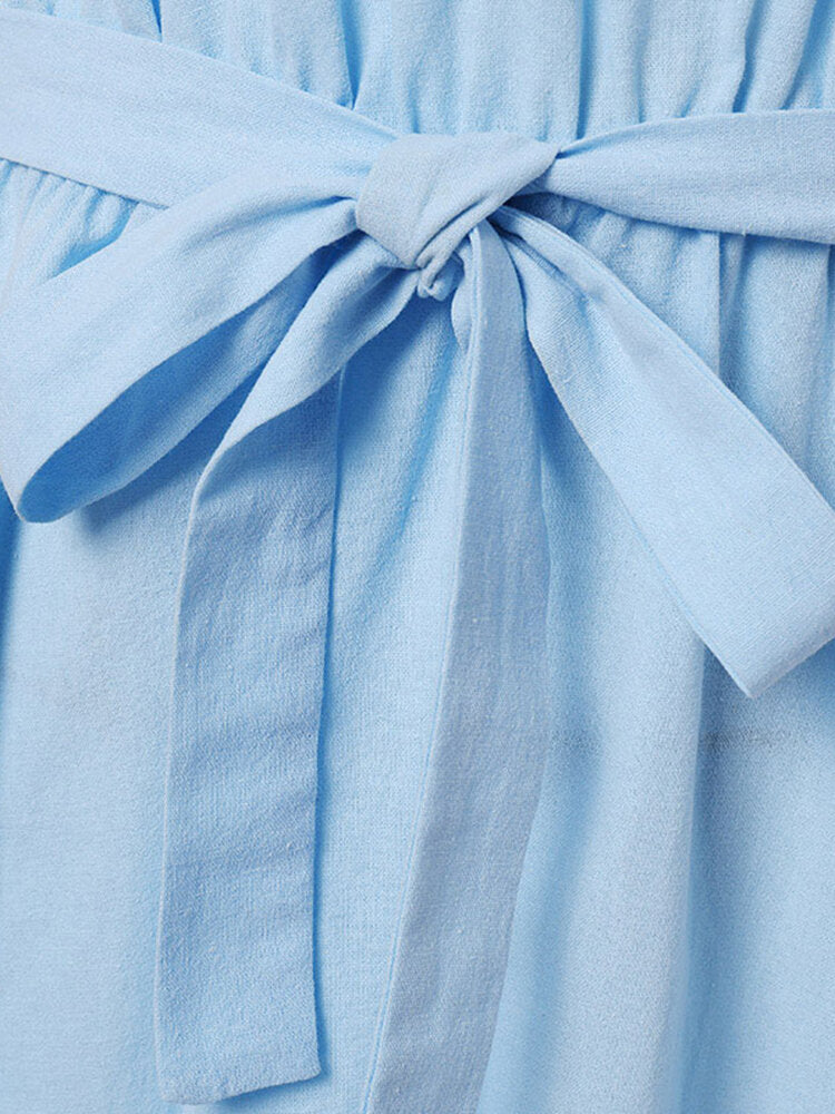 Short Sleeve Midi Dress with Belt and Pockets for Women