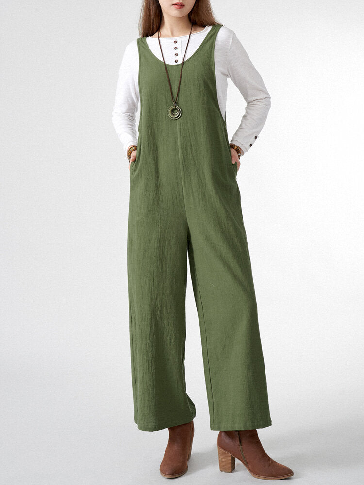 Solid Pocket Open Back Sleeveless Straight Leg  Women Jumpsuits