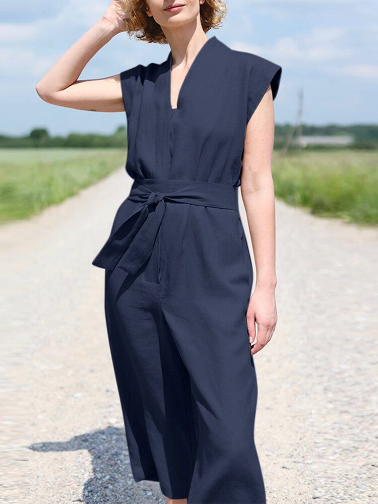Solid Sash V Neck Pocket Sleeveless Casual Cotton  Women Jumpsuits