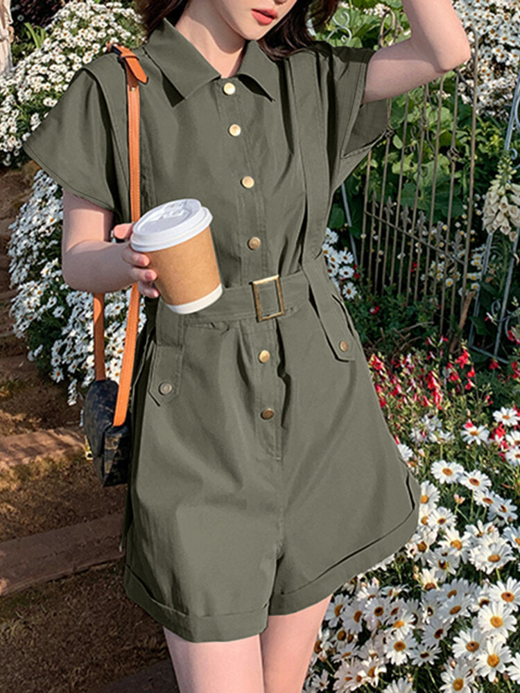 Solid Belt Button Front Pocket Short Sleeve Lapel Cargo  Women Romper