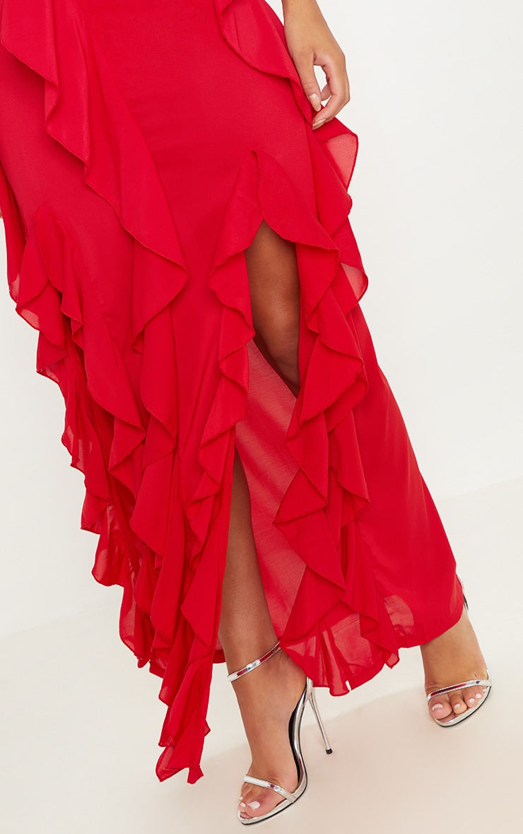 RED COLD SHOULDER RUFFLE DETAIL MAXI DRESS