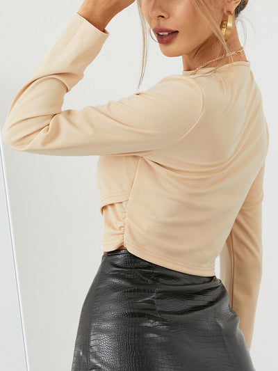 Solid Color O-neck Long Sleeve Casual Crop Top For Women