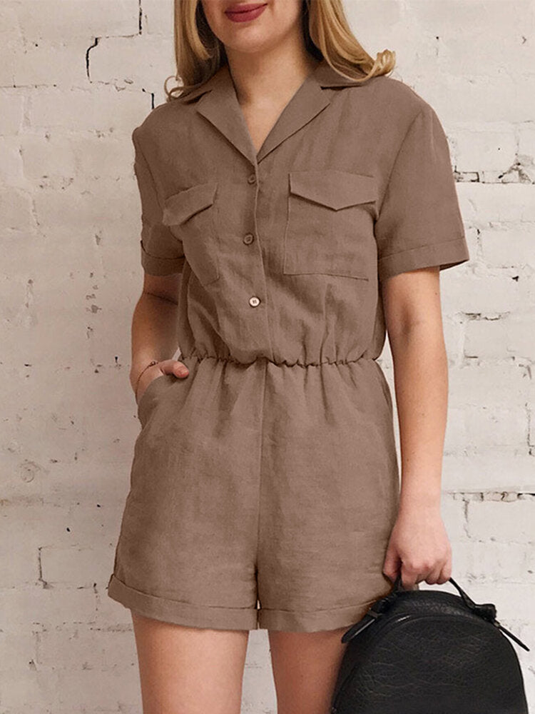 Solid Pocket Button Front Short Sleeve Lapel Cargo  Women Romper