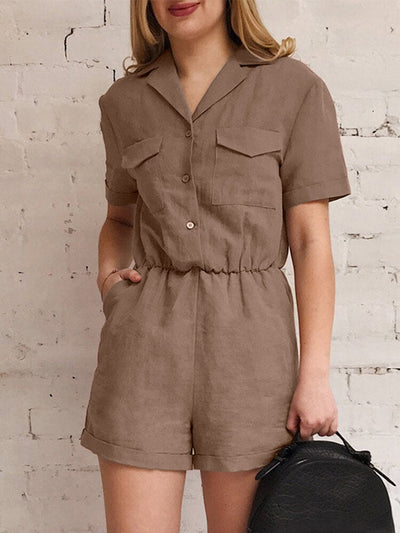 Solid Pocket Button Front Short Sleeve Lapel Cargo  Women Romper