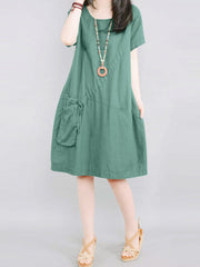 Solid Pocket Short Sleeve Crew Neck Vintage  Women Dress