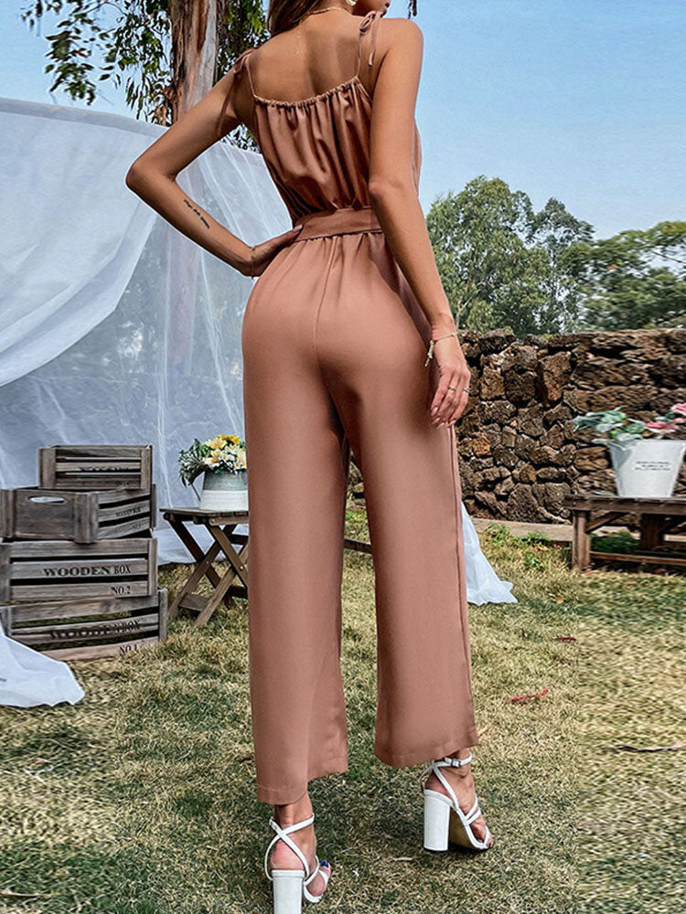 Solid Belt Tie Strap Hollow Wide Leg Jumpsuit For Women