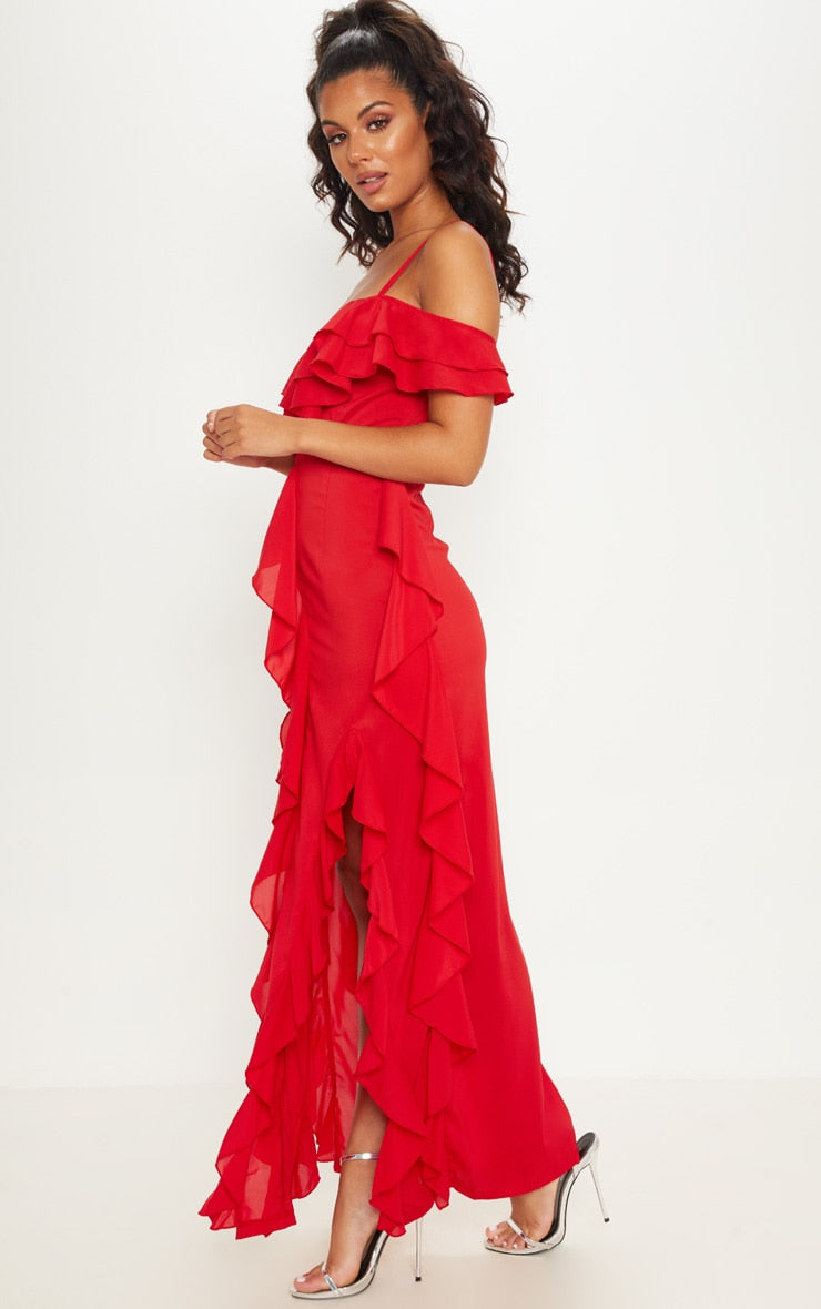 RED COLD SHOULDER RUFFLE DETAIL MAXI DRESS