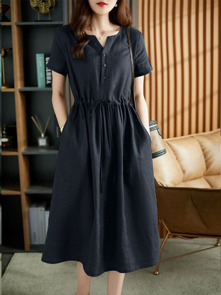 Solid Pocket Drawstring Waist Button Short Sleeve  Women Dress