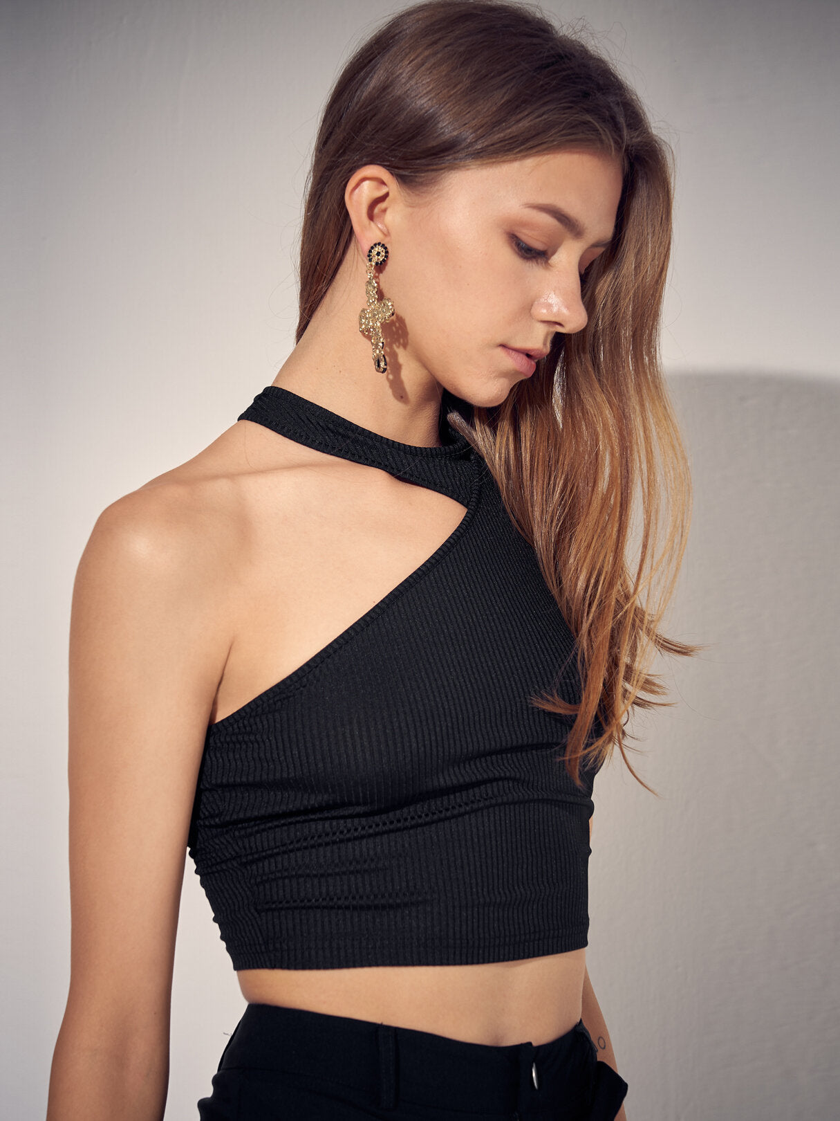 Solid Asymmetrical Cut Out Crew Neck Crop Top