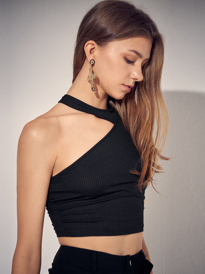 Solid Asymmetrical Cut Out Crew Neck Crop Top