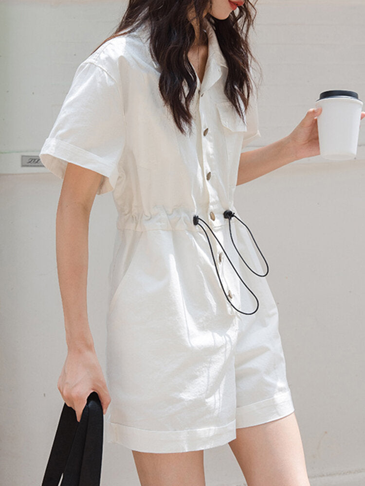 Solid Drawstring Waist Pocket Lapel Short Sleeve Cargo  Women Romper