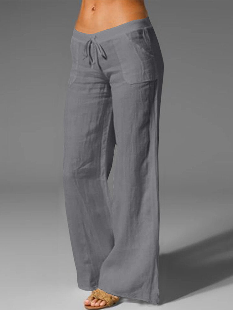 Solid Drawstring Waist Pocket Wide Leg Pants For Women