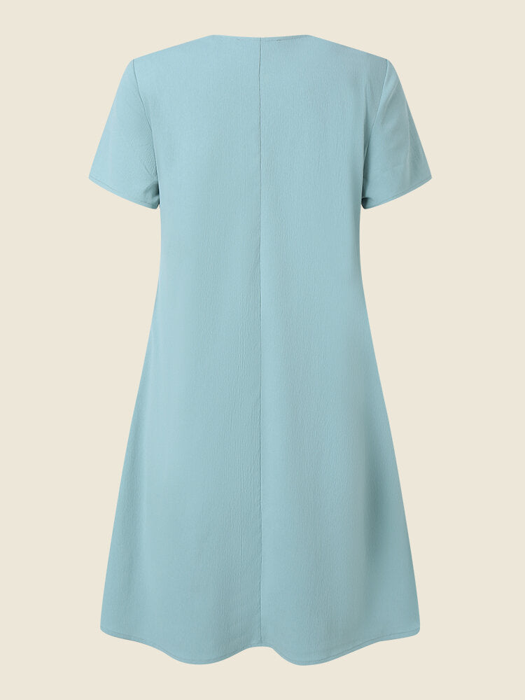 Women Solid Dual Pocket V-neck Short Sleeve Dress